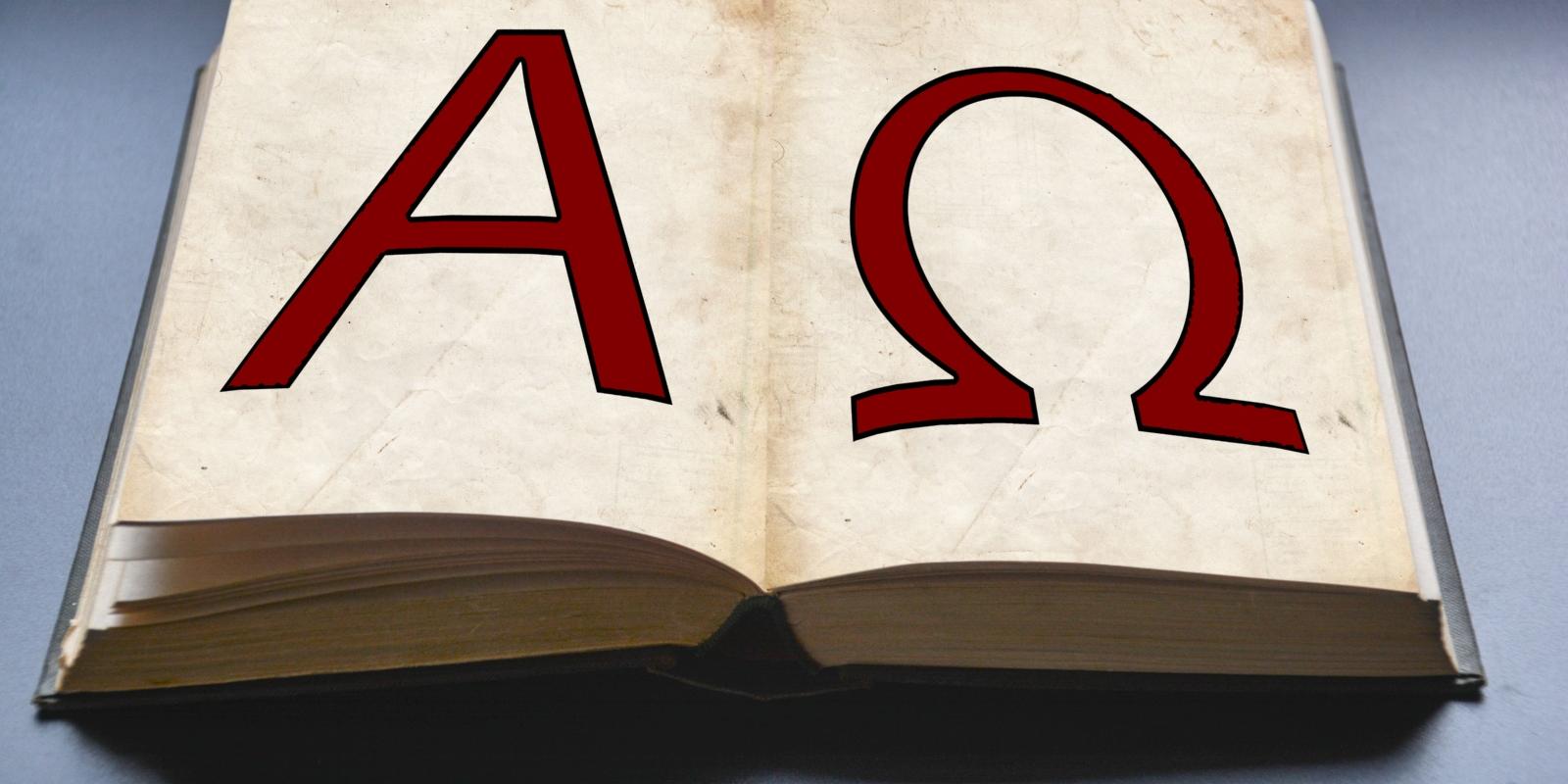 Alpha und Omega Alpha und Omega (? und ?), der erste und der letzte Buchstabe des klassischen griechischen Alphabets, sind ein Symbol für Anfang und Ende, damit für das Umfassende, für Gott und insbesondere für Christus als den Ersten und Letzten. Alpha und Omega tauchen häufig als Begleitmotiv zum Christusmonogramm auf. Christentum, Alpha, Omega, Schrift, griechisch, Symbol, Religion, Theologie Ex-Bild-DB-ID: 21733