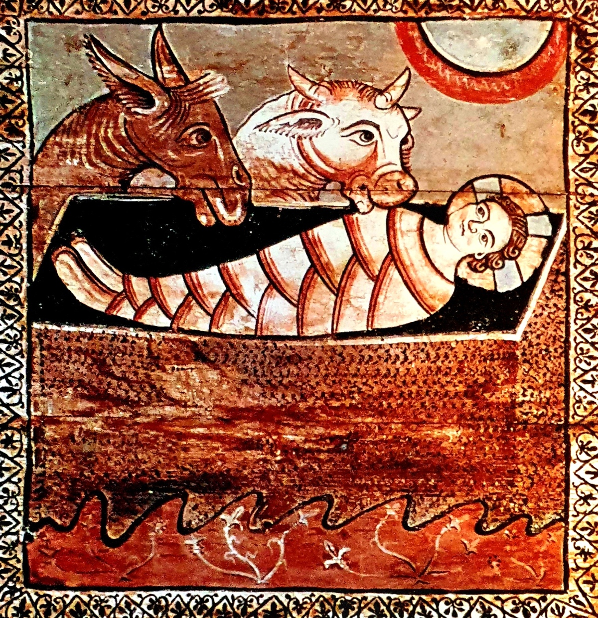 St. Martin, Zillis GR, Schweiz - mittelalterliche Krippendarstellung - Detail aus der romanischen Holzdecke, Anfang 12. Jh.